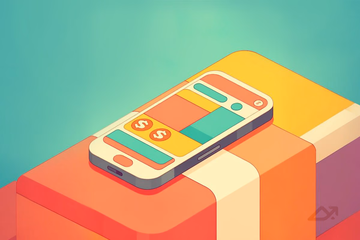 Illustration of a colorful smartphone on a colorful table, with dollar signs on the screen.
