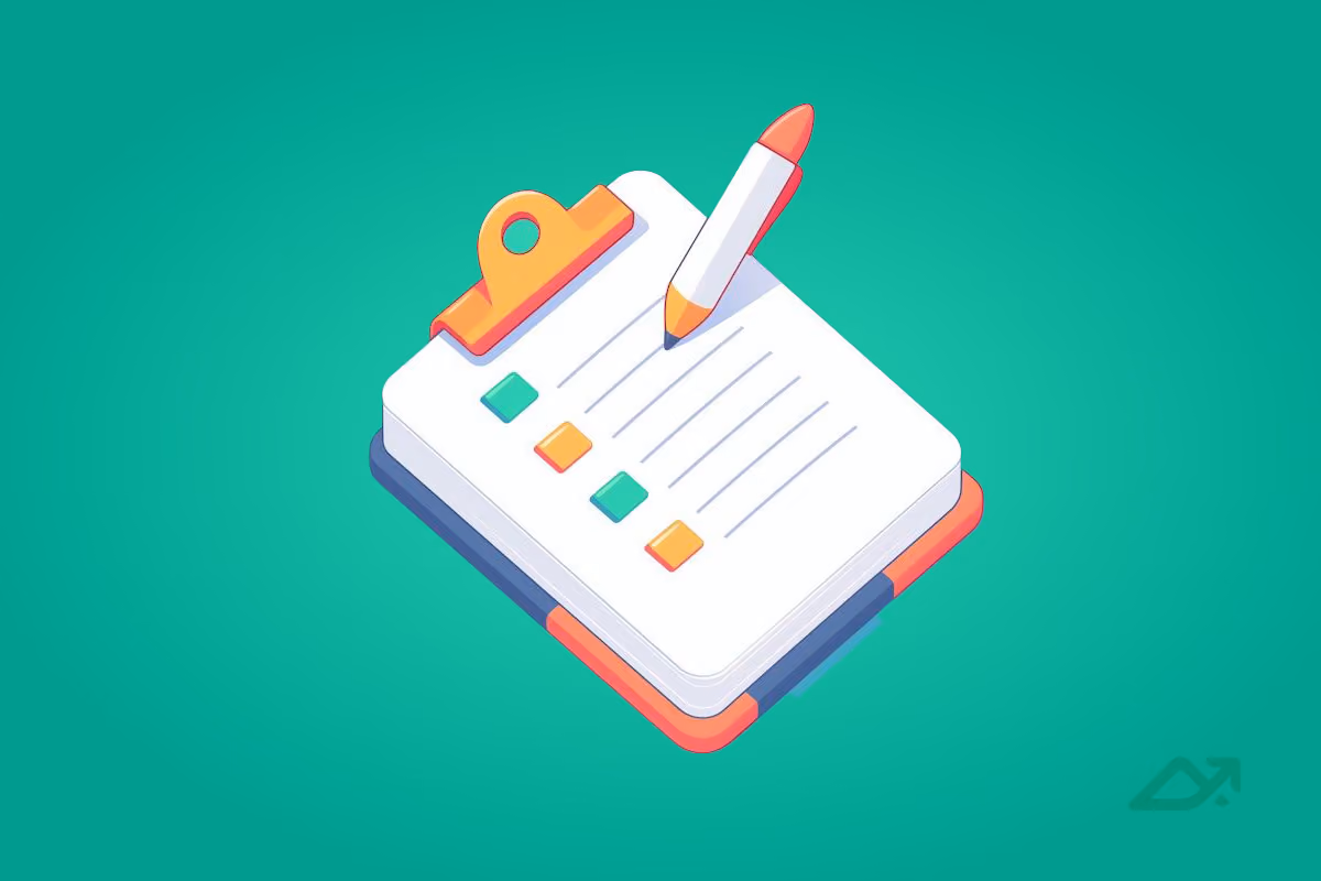 Graphic image of a clipboard with paper and a pen