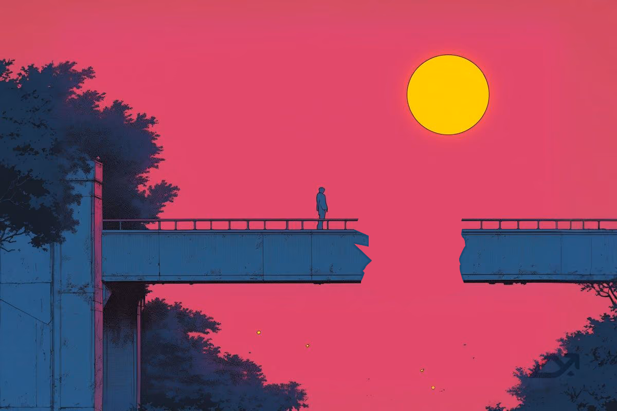 Graphic image of a person standing on one side of a bridge with a gap in between the other side. 