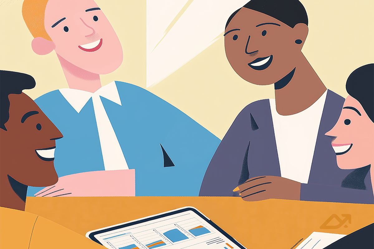 A graphic of a group of people sitting at a table with a tablet that shows graphs and charts. 