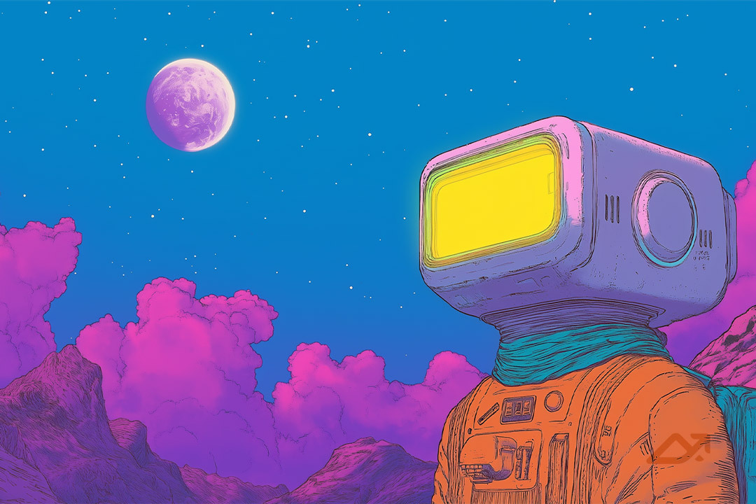 Futuristic robot looking out into space. 