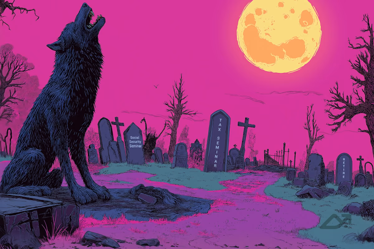 Graphic image of a wolf howling at the moon in a cemetery