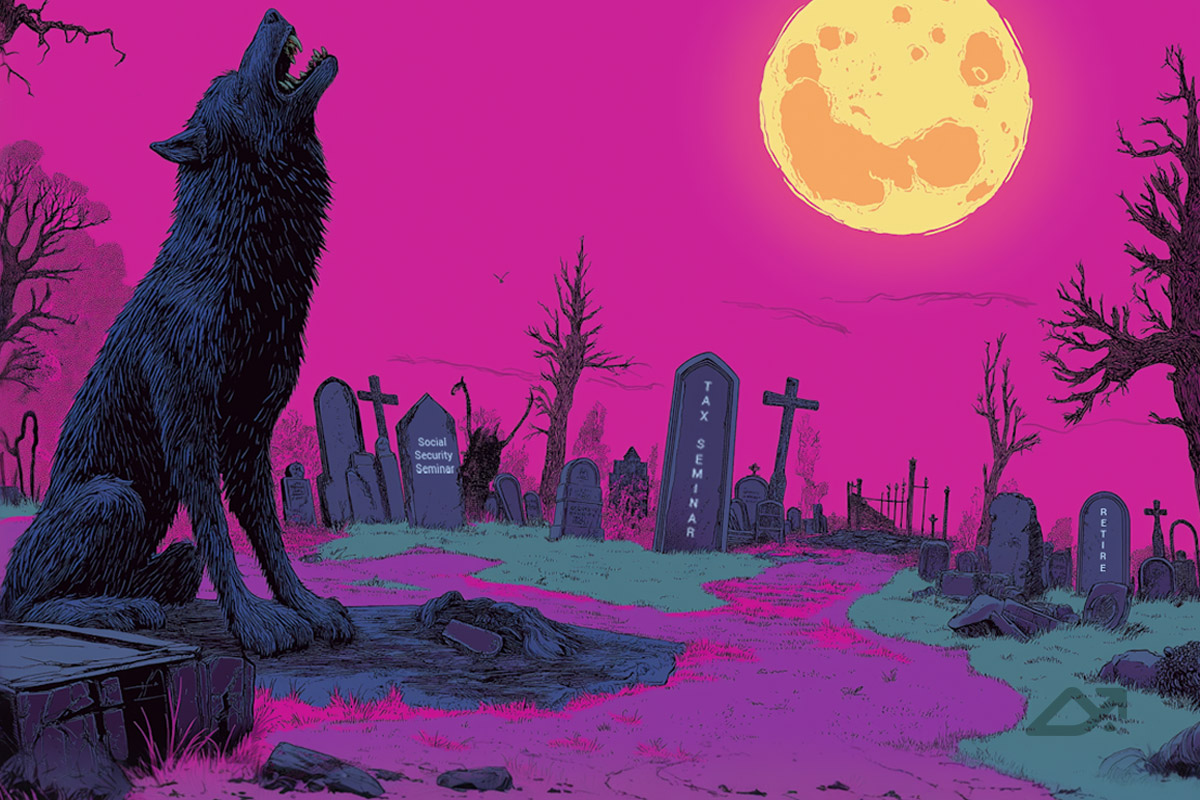 Graphic image of a wolf howling at the moon in a cemetery