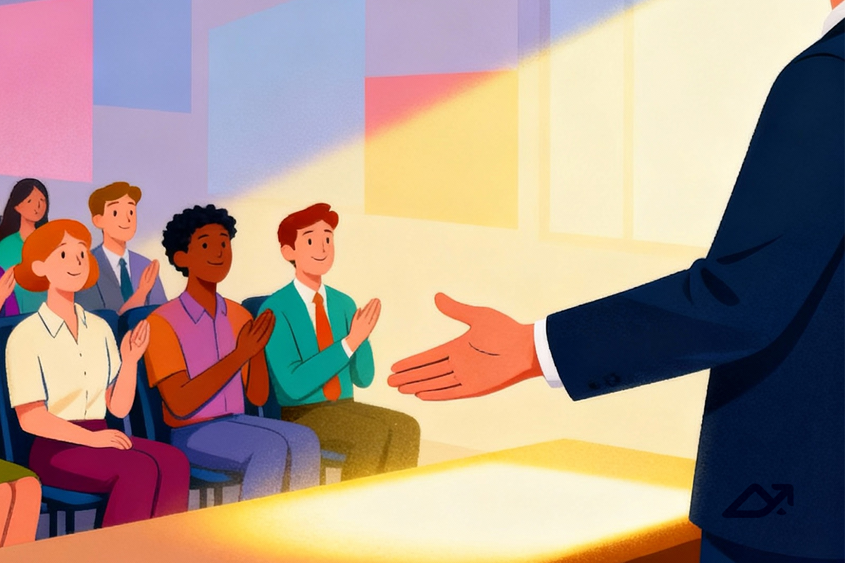 Graphic image of a man presenting to a crowd