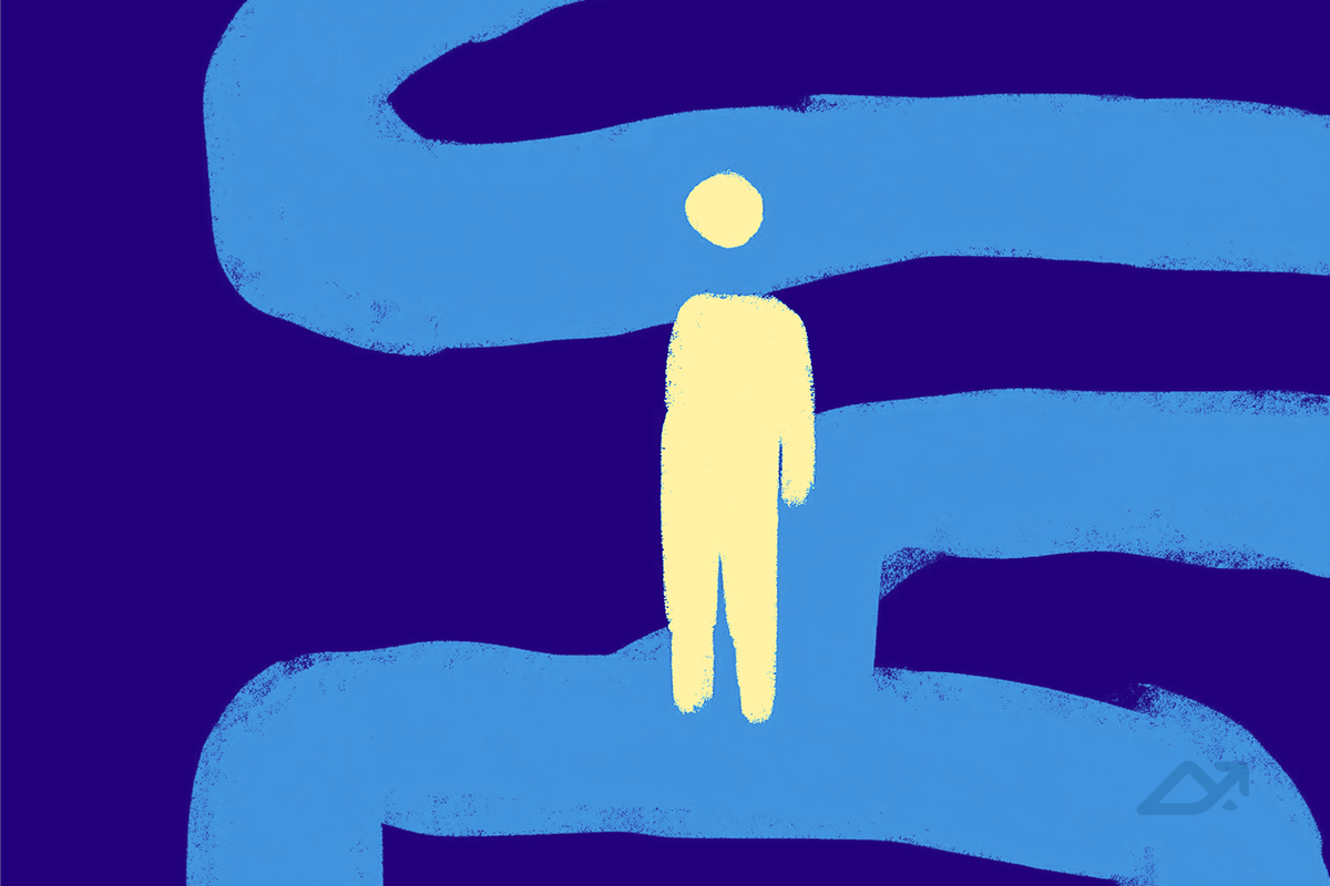 A graphic image of a yellow figure standing with a blue background