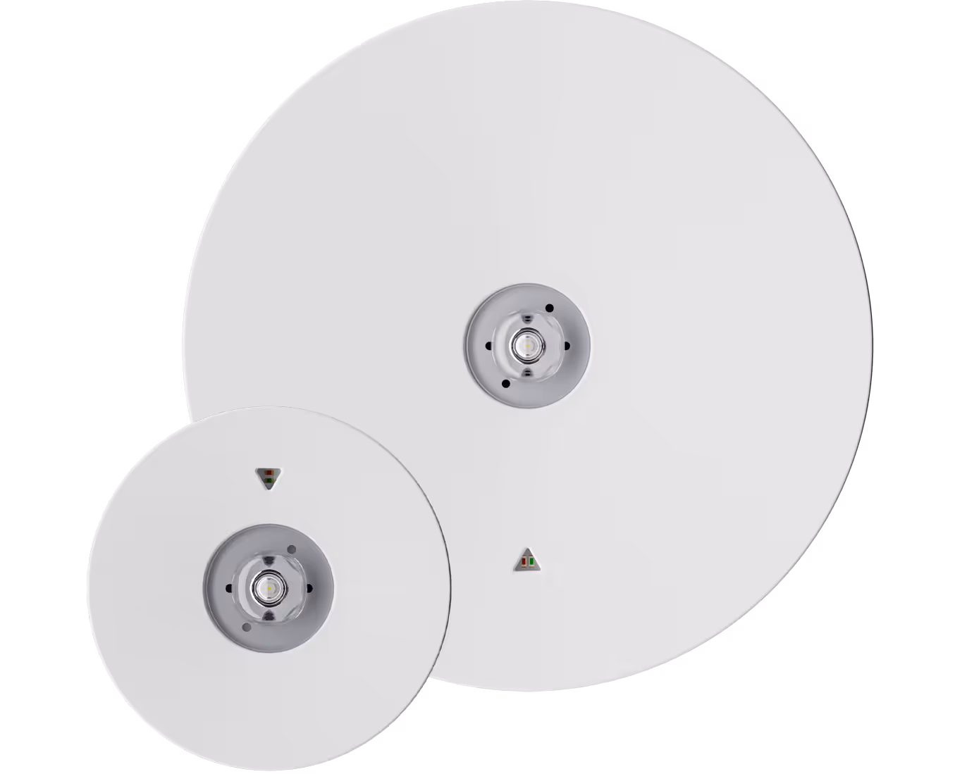 Round recessed LED emergency lights with central illumination module and status indicator for ceiling installation.