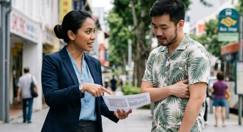 Woman in blazer pointing at paper while talking to man in patterned short-sleeve shirt on city sidewalk.