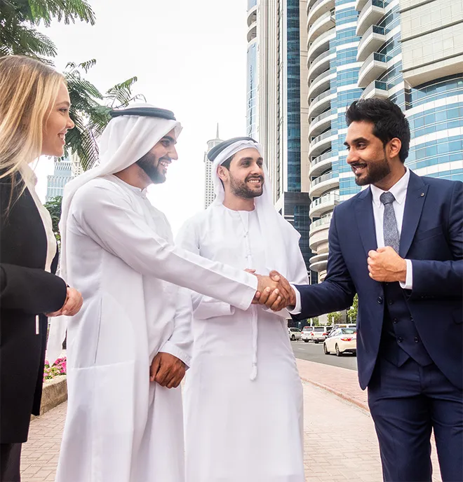 A futuristic cityscape with tall glass skyscrapers, including the Burj Khalifa prominently in the background. The image showcases a vision of an advanced urban setting, with sleek, modern buildings and vibrant skies.