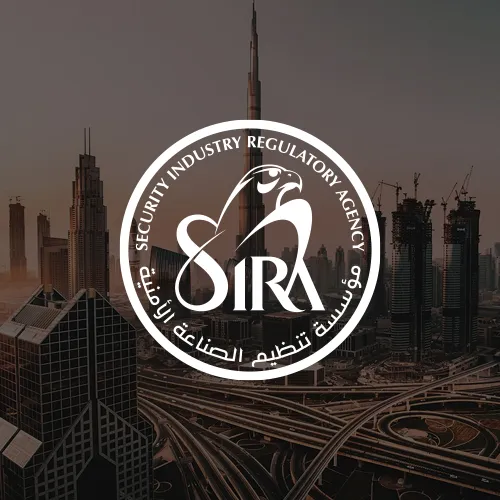 The SIRA logo, featuring a stylized falcon in a circular frame, overlaid on a background of a modern Dubai skyline.