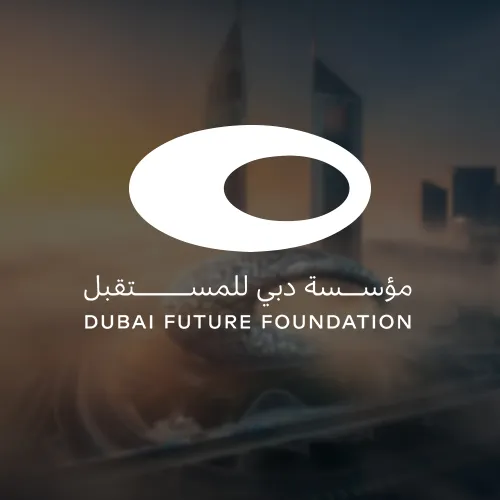 The Dubai Future Foundation logo, featuring a futuristic oval symbol, set against a misty background of Dubai's skyline, emphasizing innovation and progress.