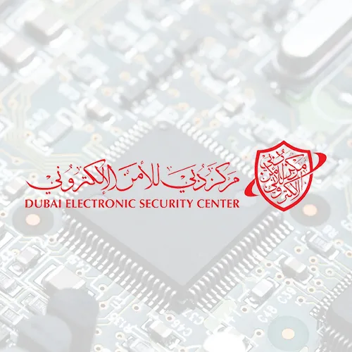 A logo featuring a red shield with circuit patterns, representing the Dubai Electronic Security Center. The name is written in both English and Arabic, with the background showing a close-up of a computer chip, symbolizing cybersecurity.