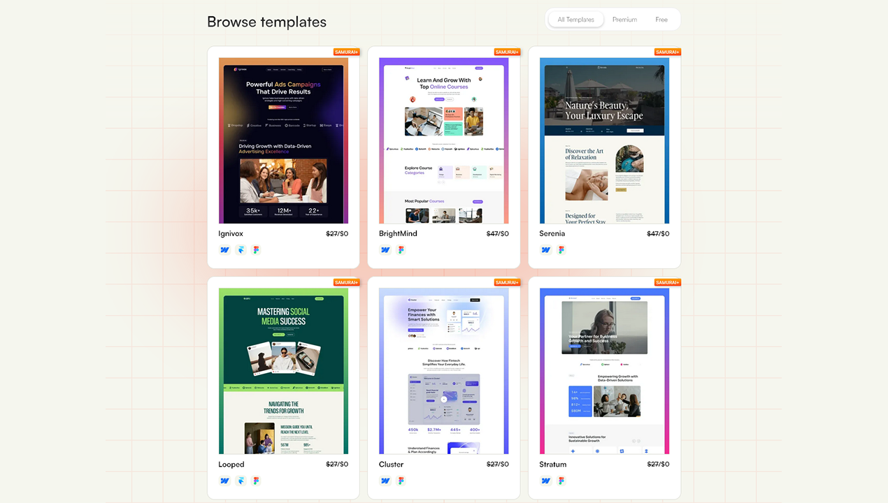 samurai+ subscription webflow templates