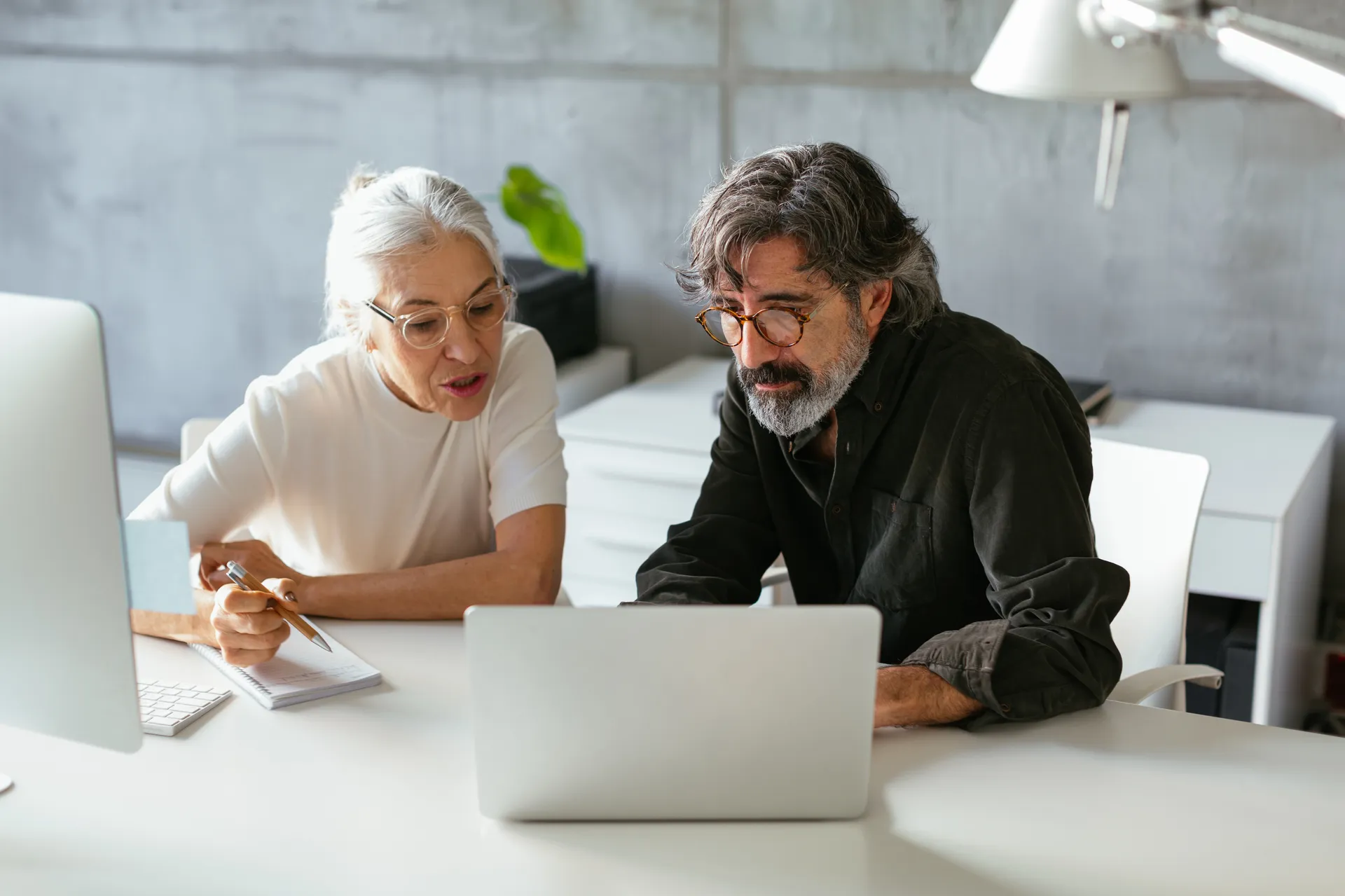 An older woman with white hair and glasses, holding a pen and notebook, sits next to an older man with wavy gray hair, a beard, and glasses. They are both focused on a laptop screen in a modern, well-lit office setting. The woman appears to be explaining or discussing something while the man listens attentively. The atmosphere suggests a collaborative and professional working environment.
