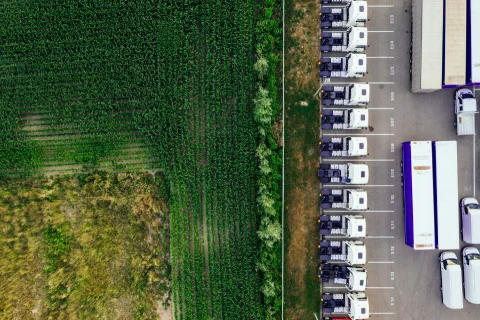 An aerial view showing a clear division between two areas: on the left, there’s a dense green agricultural field with rows of crops, and on the right, there’s an industrial parking lot with neatly aligned trucks and trailers. The contrast highlights the juxtaposition of nature and industry.