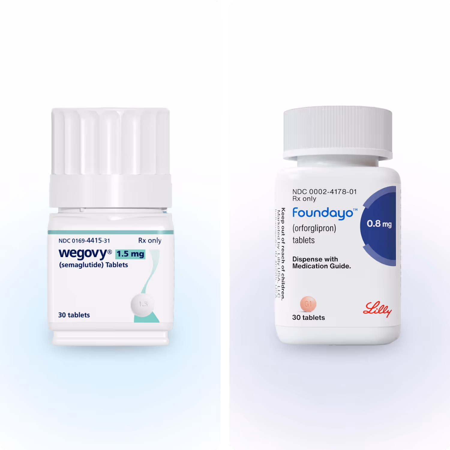 Two prescription pill bottles: Wegovy 1.5 mg (semaglutide) and Foundayo 0.8 mg (orforglipron) tablets.