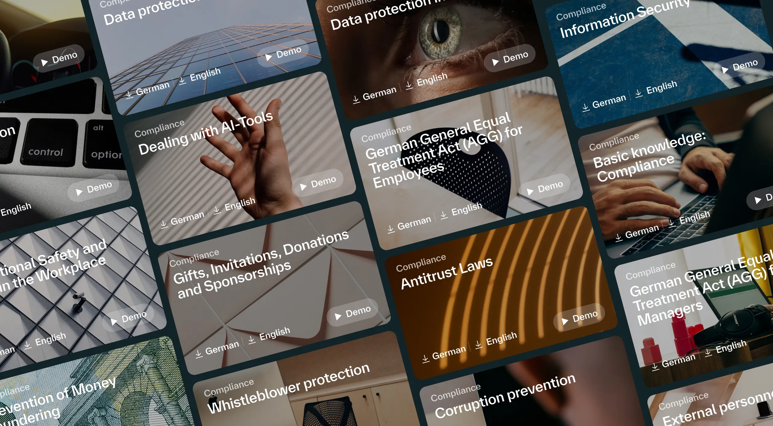 Excerpt from compliance training topics. Topics covered include working with AI tools, basic compliance knowledge, data protection in human resources, corruption prevention, AGG (German Anti-Discrimination Act), antitrust law, and more.