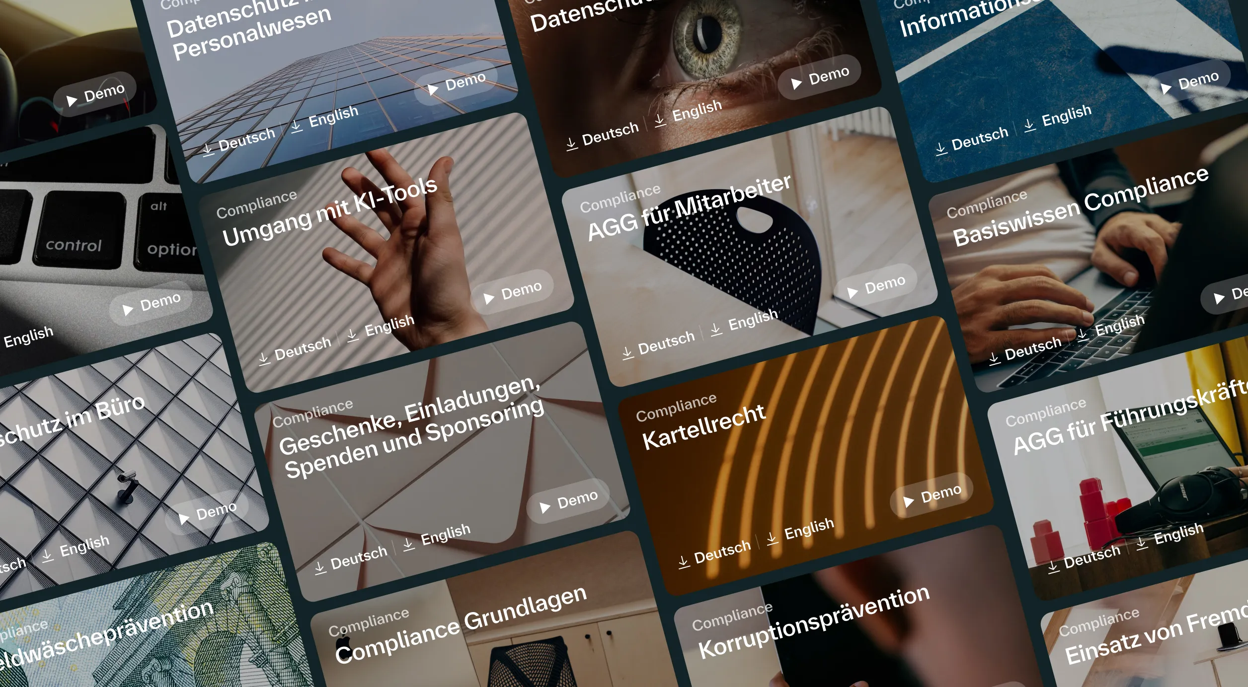 Ausschnitt aus Themen der Compliance Trainings. Zu sehen sind u.a. Umgang mit AI-Tools, Basiswissen Compliance, Datenschutz im Personalwesen, Korruptionsprävention, AGG, Kartellrecht und weitere.