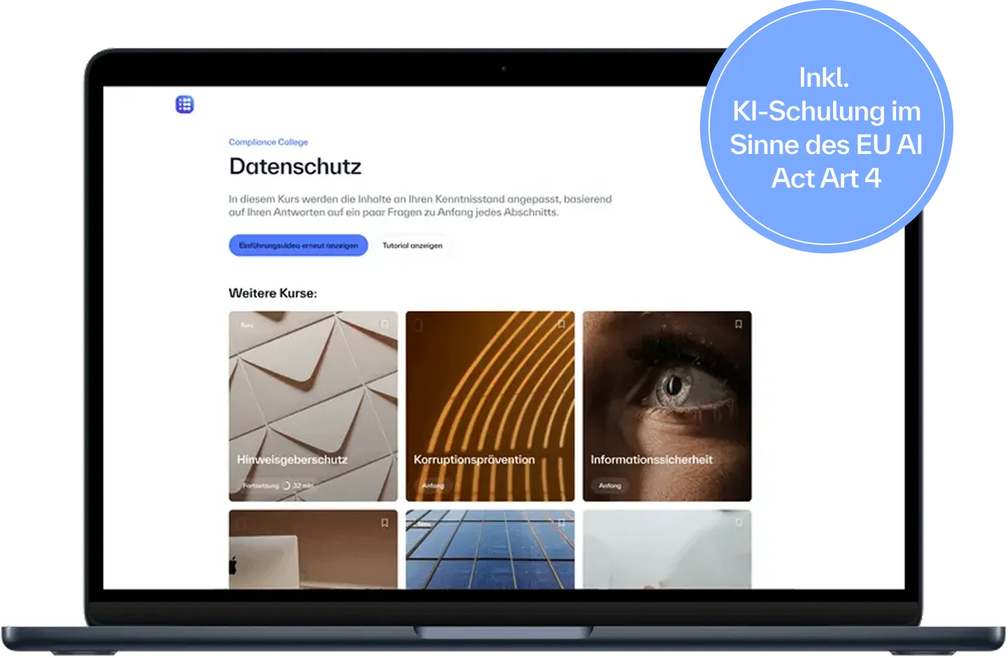 Einblick in die Compliance-Trainings des Compliance College, u.a. zu den Themen Datenschutz und Informationssicherheit sowie KI-Schulung im Sinne des EU AI Act