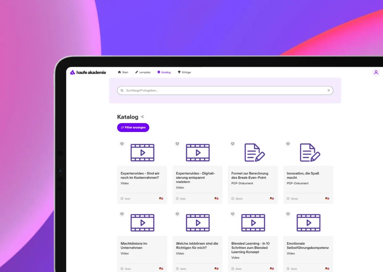Wireframe der Startseite der Learning Experience Plattform