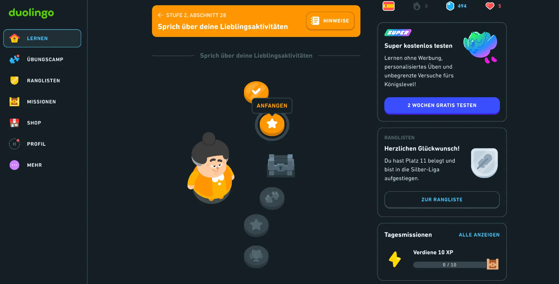 Screenshot aus Duolingo: Startfenster nach Login