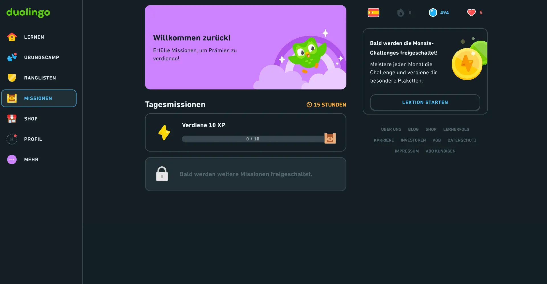 Screenshot aus Duolingo: Missionen