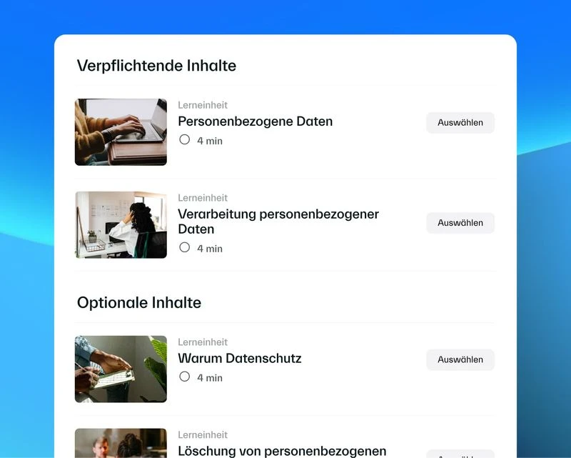 Screenshot from the Compliance College showing adaptive learning. Due to an entry test, some content is optional.