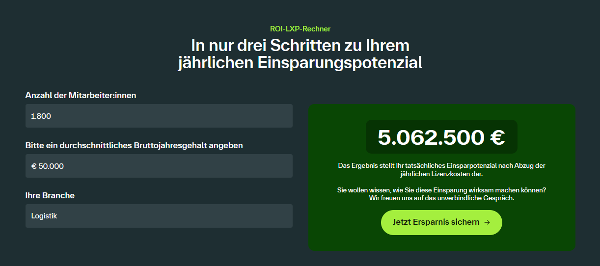 ROI calculator for an LXP Learning Experience Platform to calculate how much savings a company can achieve per year with an LXP