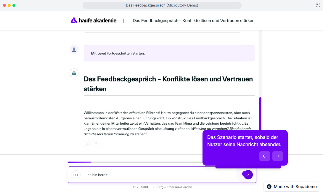 Screenshot aus "Microstory", einem KI-gestützten Lernformat der Haufe Akademie