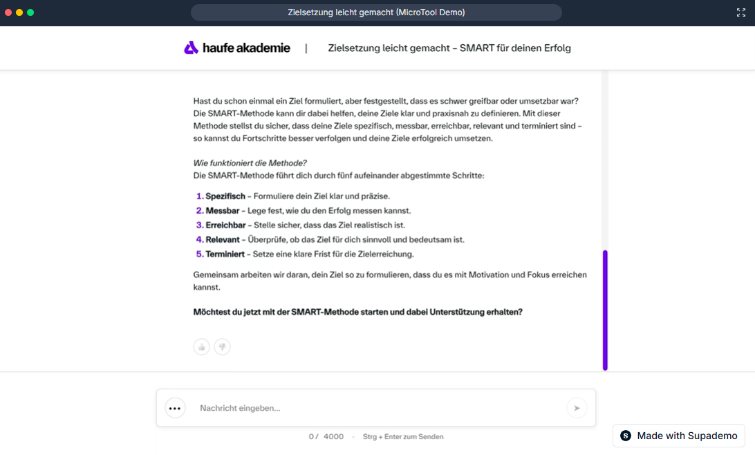 Screenshot aus "Microtool", einem KI-gestützten Lernformat der Haufe Akademie