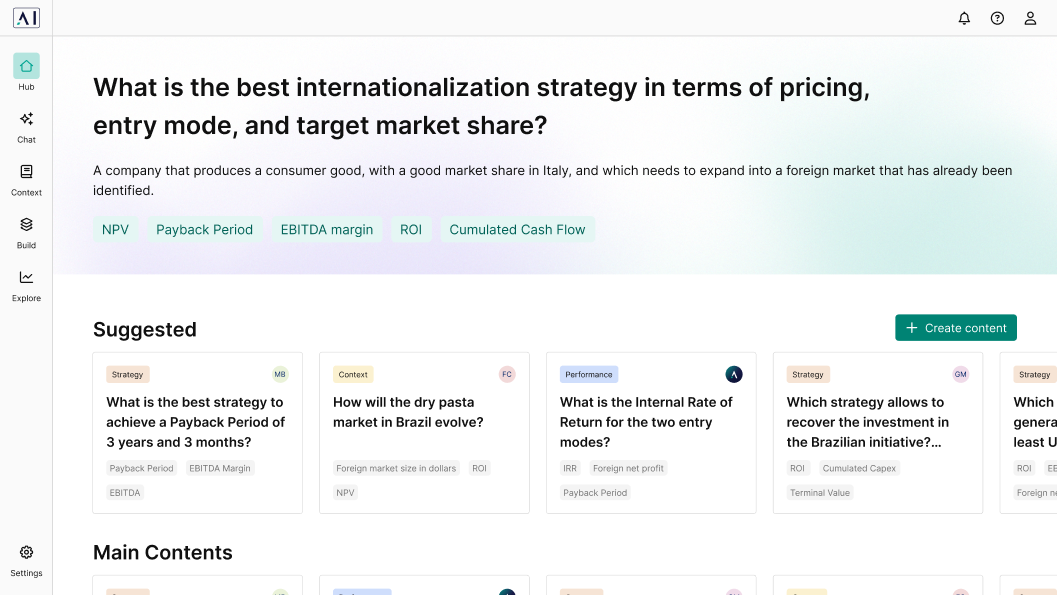 WhAI Hub with strategic business questions and suggested analyses on international expansion.