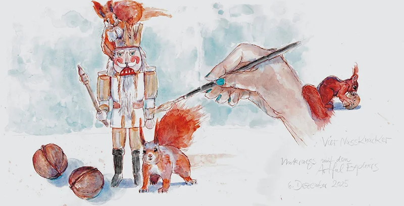 Vier Nussknacker, 2025, Fineliner, sepia; coloriert