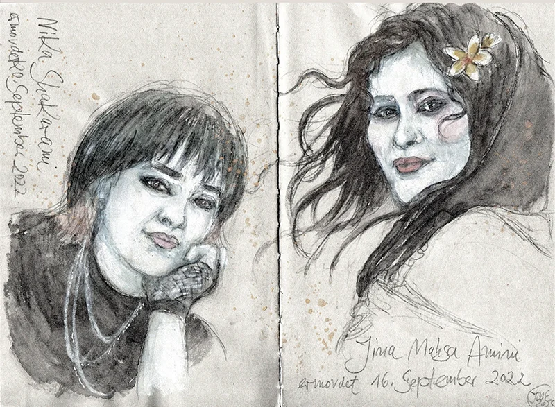 ‚FrauLebenFreiheit‘, 2025, Aquarell-Graffitstift auf grauem Papier