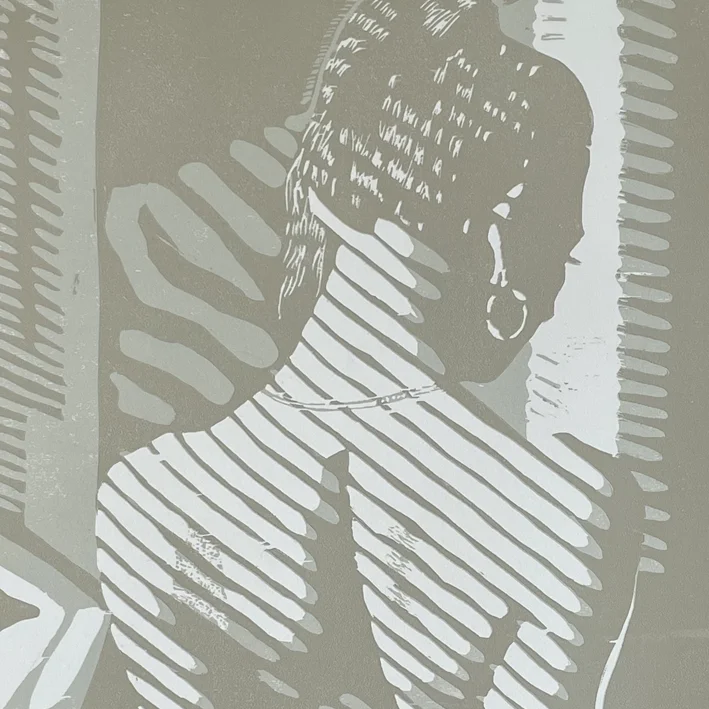 Frau von hinten, Linolschnitt in Beige-grün