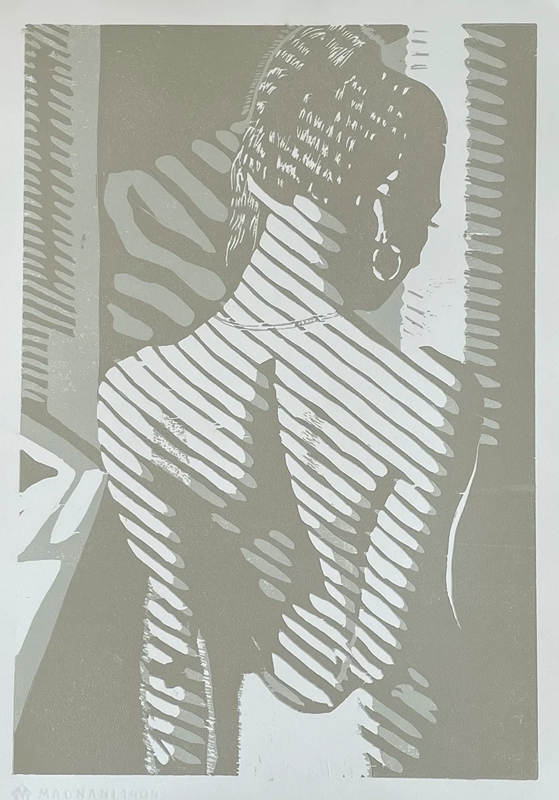 Linolschnitt: Rückenprofil einer Frau, Druck in Beige-Grün