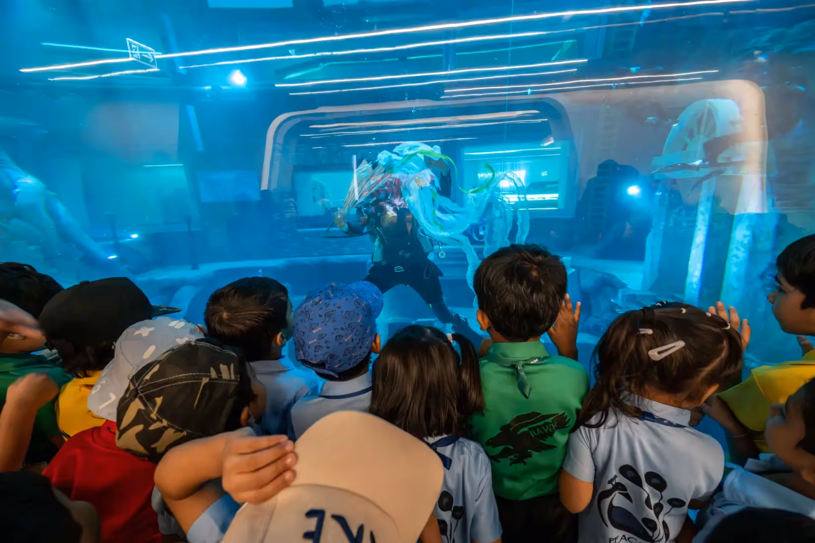 a group of kids watching a person in a tank
