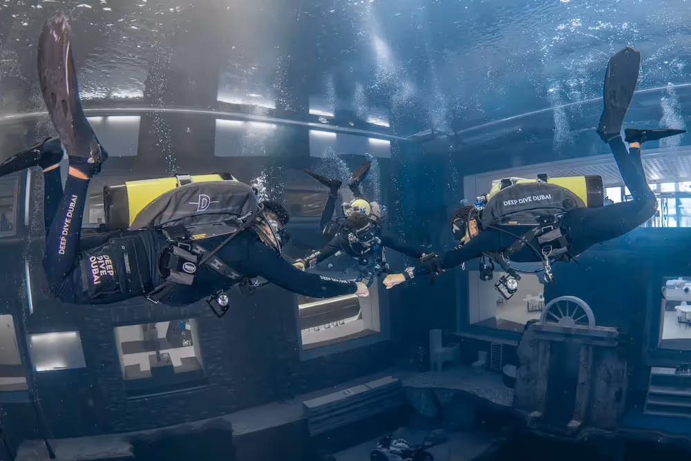 a group of scuba divers in a room