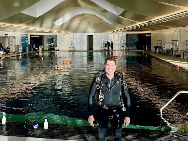 Smiling diver in black wetsuit stands by large indoor pool with safety rings floating on water.