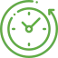 Grüne Uhr mit einem nach links zeigenden Pfeil, der Zeitsymbol für Zurück in der Zeit darstellt.