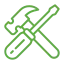 Symbol mit einem Hammer und einem Schraubenschlüssel, die sich kreuzen.