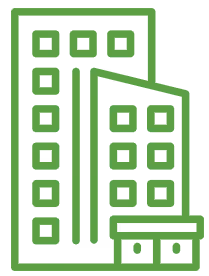 Ein grünes Bürogebäude-Icon mit mehreren Fenstern und zwei verbundenen Türmen.