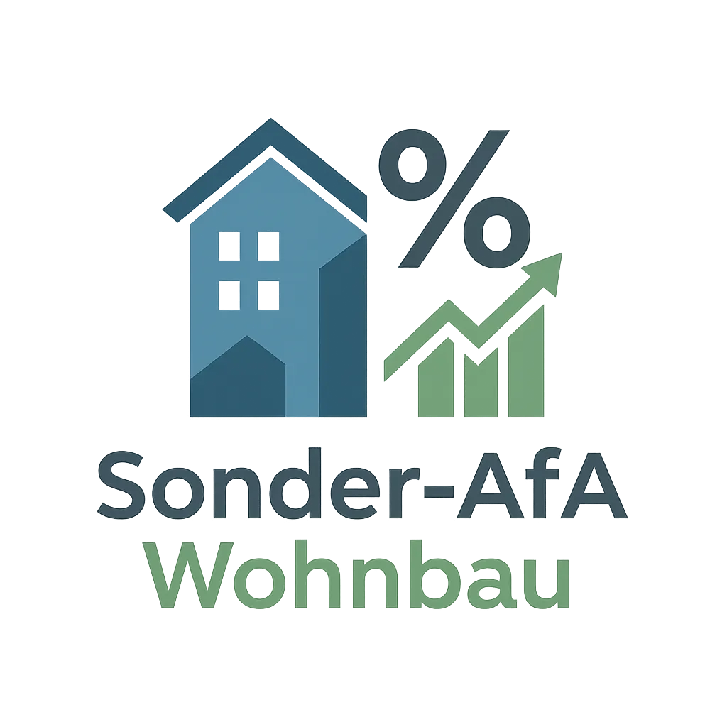 Symbol eines Hauses mit Prozentsymbol und aufsteigendem Balkendiagramm, darunter der Text Sonder-AfA Wohnbau.