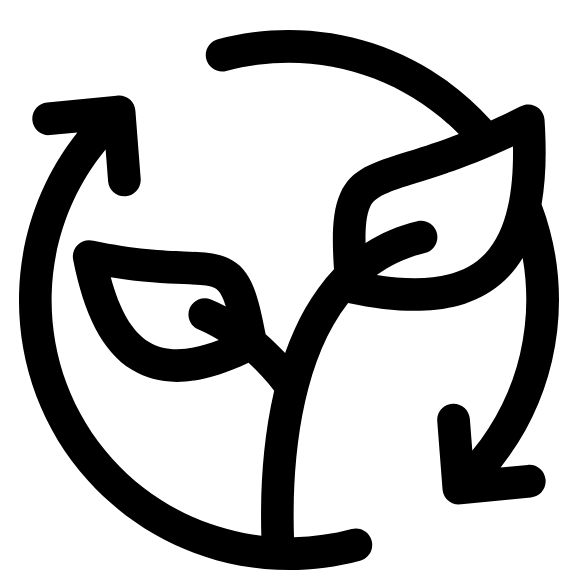 Kreisförmige Grafik mit Symbolen für Nachhaltigkeit, darunter ein Baum, Hände, ein Herz, ein Blatt, eine Glühbirne und eine Weltkugel, die nachhaltige Konzepte darstellen.