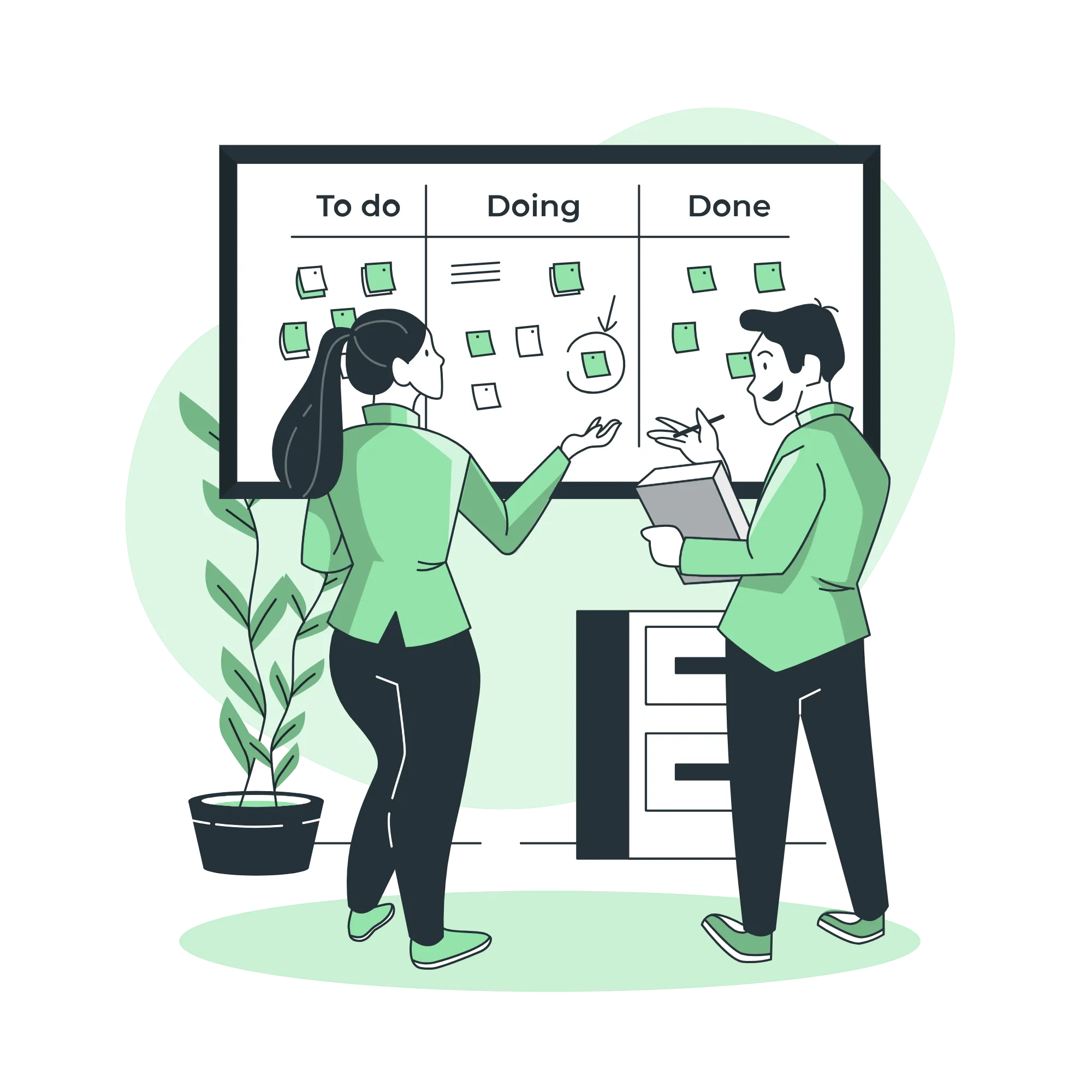 Zwei Personen stehen vor einem Scrum-Board mit Spalten für To do, Doing und Done und besprechen Aufgaben auf Haftnotizen.