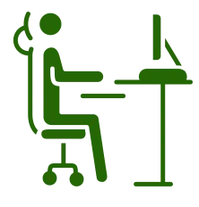 Grüne Symbolgrafik einer Person, die an einem Computerbildschirm an einem Stehpult sitzt.