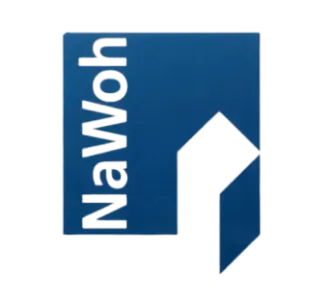 Blaues Quadrat mit stilisiertem Haus und dem Text 'NaWoh' vertikal darauf.
