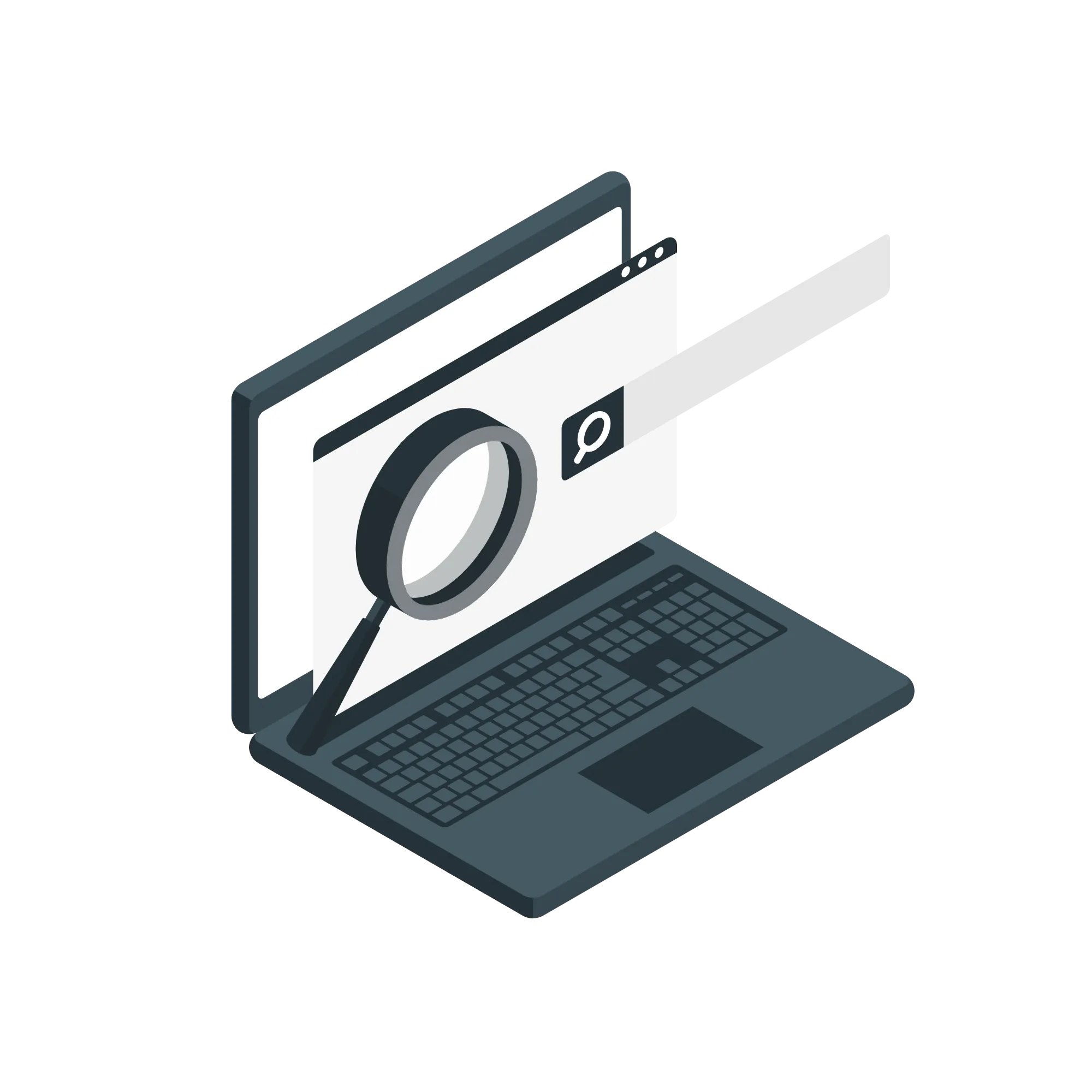 Laptop mit geöffnetem Browserfenster und einer großen Lupe, die auf den Suchbereich zeigt.