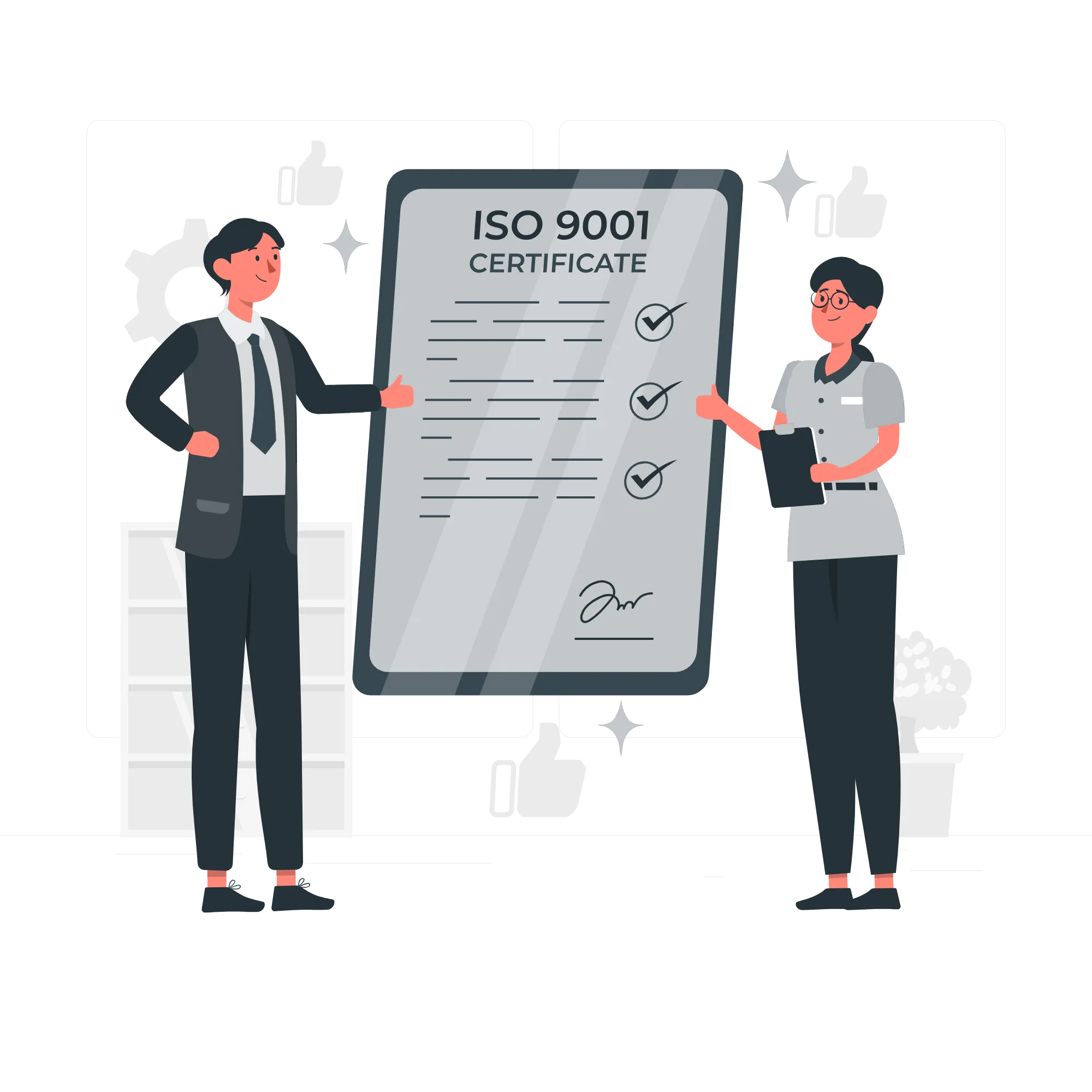 Zwei Personen zeigen Daumen hoch neben einem großen ISO 9001 Zertifikat mit abgehakten Punkten.