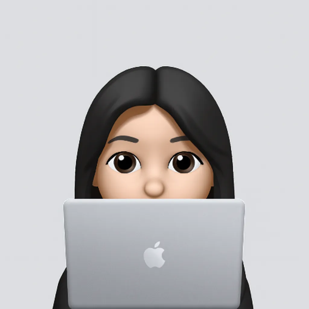 Emoji-Figur mit langen schwarzen Haaren, die hinter einem MacBook-Computer hervorblickt.