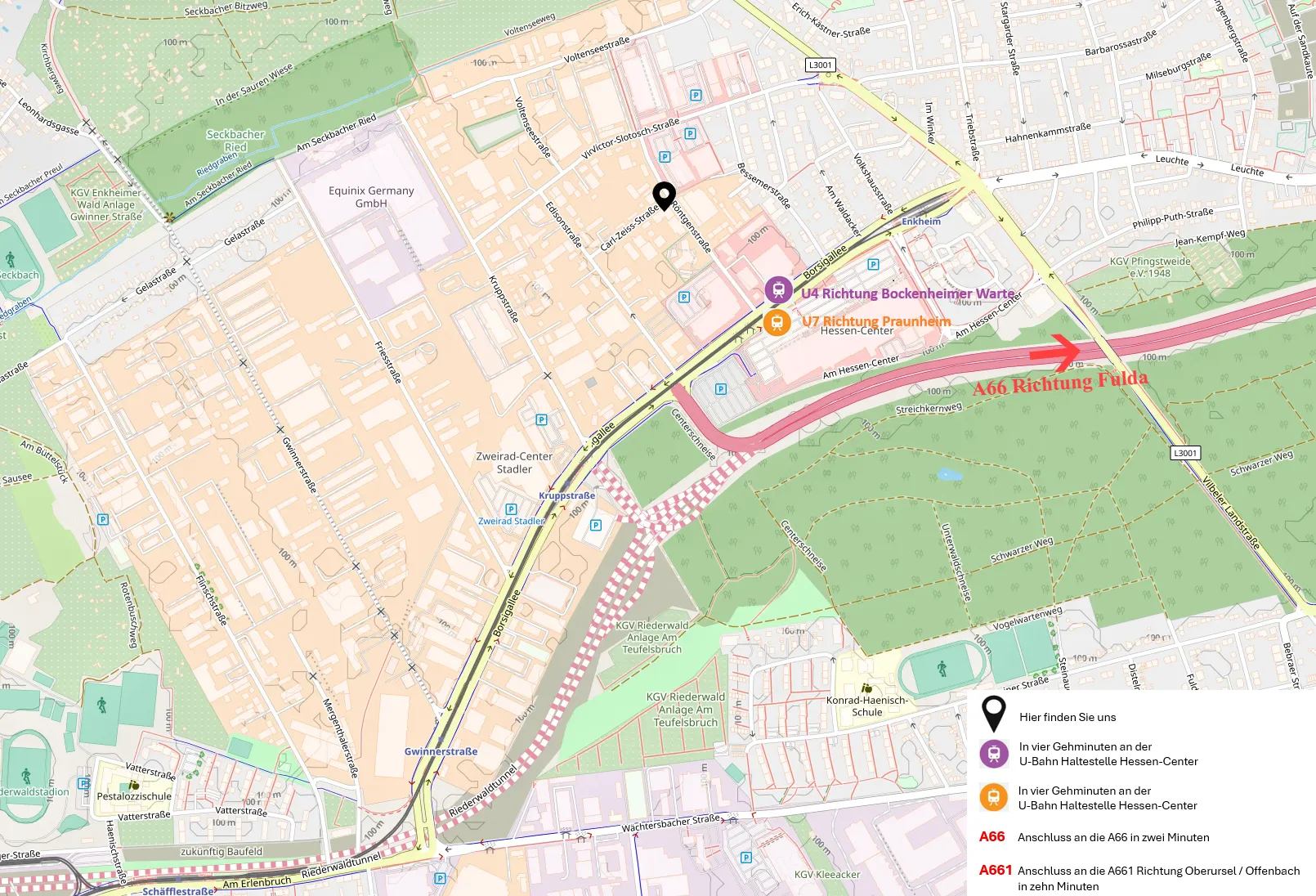 Karte von Enkheim mit Markierung des Standortes und nahe gelegenen U-Bahn-Stationen U4 Richtung Bockenheimer Warte und U7 Richtung Praunheim, sowie Anschluss an A66 und A661 in Frankfurt.