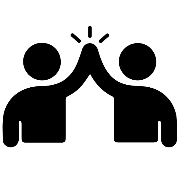 Symbol mit drei stilisierten Personen in schwarz, die Zusammenarbeit darstellen.